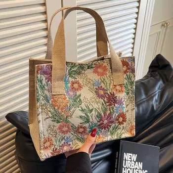 This Year s Popular Linen Floral Bag Female 2025 New Arrival Fashion Shoulder Tote Female Ins Western Style Tote Bag Beige ribbon