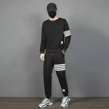 THOM BRIELLE Унисекс Хлопковый Костюм Для Отдыха: Круглый вырез, облегающий крой, длинный рукав, утолщенный бархат, дизайн с четырьмя полосками XXL