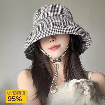 Thousand birds plaid sunscreen bucket hat women s summer UV protection big brim sun hat face cover fashion sun hat One Size