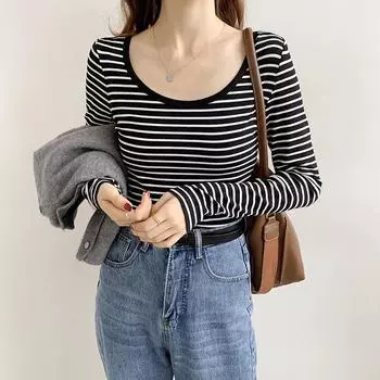 Thread low collar black and white striped bottom shirt women s new autumn and winter big round neck slim-fit western style long sleeve women s blouse S