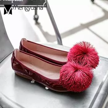 Thread Pompon roll-up flats woman ballerina soft bottom loafers ladies light pregnant shoes patent leather moccasins plus size 5