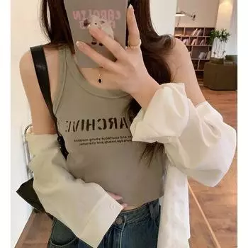 Threaded camisole women s spring and summer u-neck American retro cover breasts sleeveless outer wear pure desire bottoming top S