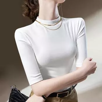 Threaded Mid-sleeved T-shirt for Women New Women s Small Stand Collar Solid Color Half-sleeved T-shirt Waist Tight Body S