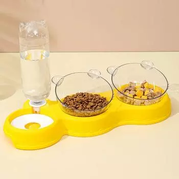 Three-bowl Pet Automatic Drinking Bowl Plastic Dog Bowl Anti-overturn Neck Protection Double For Cat Food Bowl Pet Supplies жёлтый