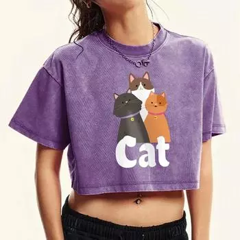Three Cartoon Cats Print Washed Tee Shirt Women Crop Summer Casual Short Sleeve Cotton T-Shirt Comfortable T Shirts M