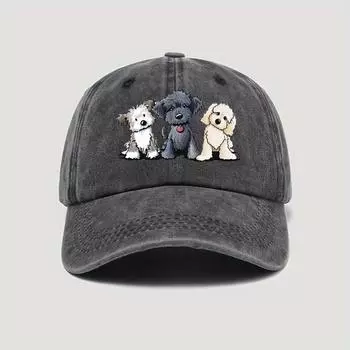 Three cartoon puppy pattern printed baseball cap - cute and funny retro style baseball cap for dog lovers