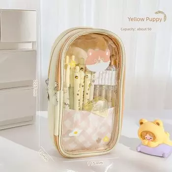 Three Class Two [Hanging Edge Pencil Case] Junior High School and Elementary School Students Ins Style Large Capacity Pencil Case Girl Pencil Box K Yellow Puppy [Can Hang by Desk]]