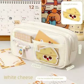 Three Class Two New Arrival Cute Pencil Case Good-looking Large Capacity Pencil Case Junior High School Students for Girls Start School Pencil Box White Cheese (1 piece with Velcro)