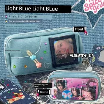 Three Class Two Retro Denim Cartoon Backpack Pencil Case Large Capacity Junior High School Girls Good-looking Ins Style New Arrival Stationery Case Light Blue Light Blue