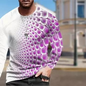 Трехмерный блочный принт Мужские футболки с длинным рукавом Футболки с круглым вырезом Повседневный свитер Мужская одежда Большие размеры XS фиолетовый