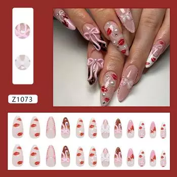 Three-dimensional bow flash diamond pearl leopard print Spice Girl detachable nail art piece Wearing nail 24 pieces