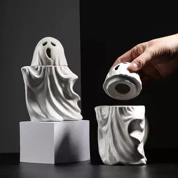 Three-dimensional Ceramic Mug White Ghost Cup with Lid Halloween Gifts Water Cup Coffee Cups Milk Mugs Breakfast Cups Tea Mug 450ml