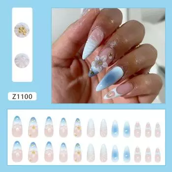 Three-dimensional fresh blue gradual change French ice through lily pearl niche removable manicure piece 24pc