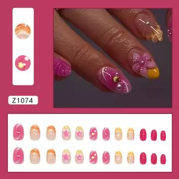 Three-dimensional shell pearl French flower sweet short almond nail removable manicure 24 pieces