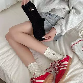 Three Good Friends - женские осенние носки средней длины из хлопка с вышивкой в горошек 3 bears, One Size чёрный