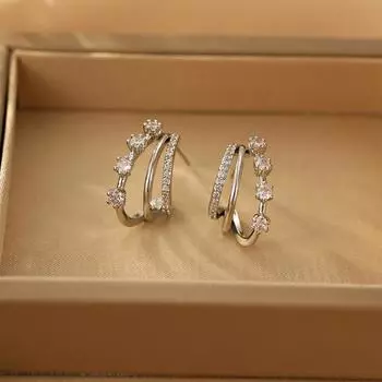 Three-Layer Design Zircon Stud Earrings Silver Needle 925 High-End Ear Jewelry Women S Niche Personality Trend 18K серебряный