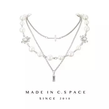 Three-Layer Twin Cross Clavicle Chain Fancy Pearl Default