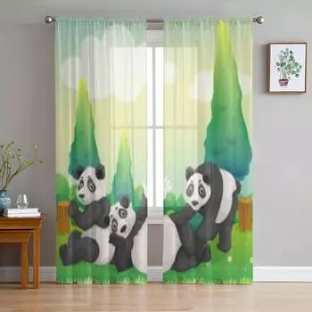 Three Pandas Playing In The Park Luxurious Chiffon Sheer Curtains for Living Room Bedroom Decoration Window Voiles Tulle Curtain 135W x 114H(cm)