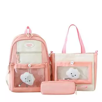 Three-Piece Backpack Set Junior High School Student Schoolbag Large Capacity Contrast Color Book Bag розовый