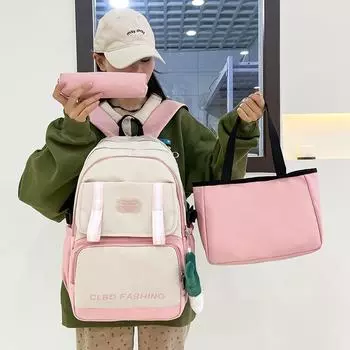 Three-Piece Backpack Set Women Large Capacity Nylon Backpack Student School Bag хаки