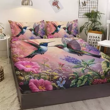 Three-Piece Bed Set With A Long Beak Hummingbird, With Two Pillowcases, Suitable For Bedroom And Living Room (Pink, Room) 99cmx199cm