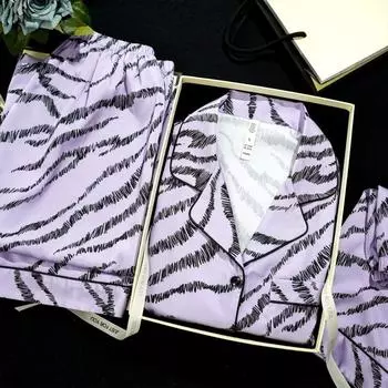 Three-piece Ice Silk Pajamas Women s Short-sleeved Suit Purple Tiger Pattern Print Style Pajamas Sexy Home Wear M