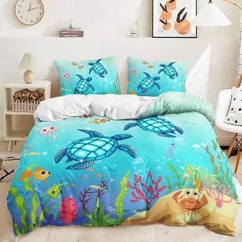 Three-Piece Marine Turtle Quilt Cover Digital Printing Kit Two-Piece Bedding 135 * 200 (two-piece set) 90g