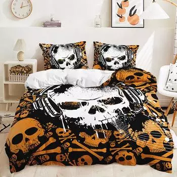 Three-Piece Quilt Cover Skull Dark Wind Kit Digital Printing Bedding 135 * 200 (two-piece set) 90g