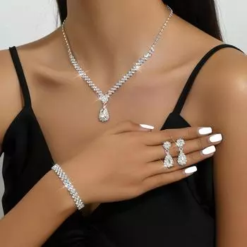 Three-Piece Set, Diamond Drop Earrings, Bracelets, Earrings, Necklace Set, Bridal Wedding Jewelry.