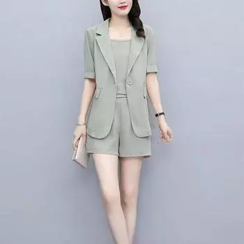 Three-Piece Suit Western Style plus Size Plus Size Ladies Younger Suit Shorts Green 2 Size XL [Suggested 65.00 kg-72.50 kg]]