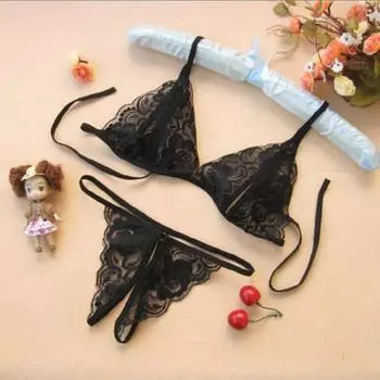 Three-Point Lace Open Crotch Panties & Bra Sexy Lingerie Set One Size