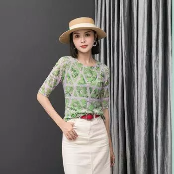 Three-Quarter Sleeve 2024 New Arrival Shoulder Printed Mesh Tops Green XL