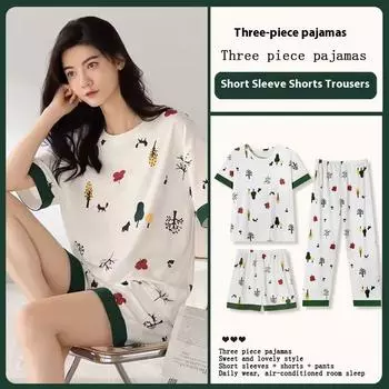 Three Sets of Rustic Style Pajamas Women Summer Short-Sleeved Long Trousers Imitation Cotton Green Plaid Trousers Home L50-60kg белый