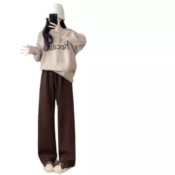 Three trouser lengths - original quality] wide-leg pants women s autumn and winter 2024 new velvet straight herringbone casual pants S