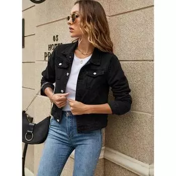 ThreeThree женская однотонная джинсовая куртка, повседневная джинсовая куртка на пуговицах с нагрудным карманом и длинными рукавами, осенняя уличная одежда XS темно-синий