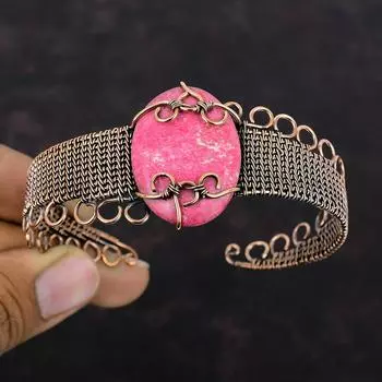 Thulite Gemstone Bangle Copper Wire Wrapped Jewelry Adjustable Cuff Bracelet Handmade Jewelry Wire Wrap Cuff Bracelet Copper Bangle For Gift