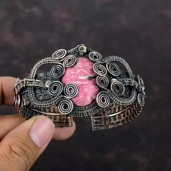 Thulite Gemstone Bangle Copper Wire Wrapped Jewelry Adjustable Cuff Bracelet Handmade Thulite Jewelry Copper Wire Wrap Bangle Gift For Women