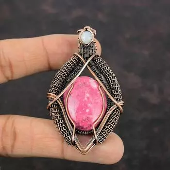 Подвеска из тулита, медная проволока, обернутая радужным лунным камнем, подвеска ручной работы, дизайнерское медное ювелирное украшение, подарок для мамы, подвеска из настоящего драгоценного камня