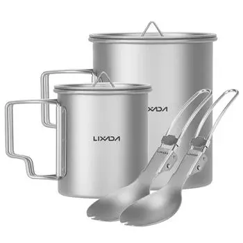 Ti Кемпинговая кружка с крышкой 200 мл и кофейная кружка 450 мл с ложкой-вилкой для кемпинга, пеших походов и путешествий серый