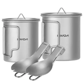 Ti Кемпинговая кружка с крышкой 300 мл и кофейная кружка 200 мл с ложкой-вилкой для кемпинга, пеших походов и путешествий серебряный