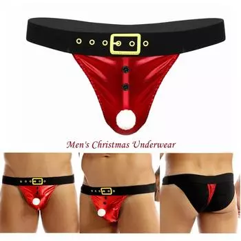 TiaoBug, мужское блестящее металлическое нижнее белье Санта-Клауса с низкой посадкой, выпуклая сумка с Т-образной спинкой, новинка, Рождественский костюм, трусы-стринги, нижнее белье M