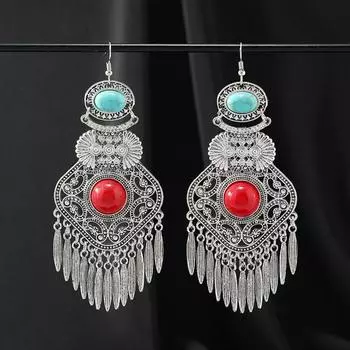Tibetan exaggerated earrings women s bohemian retro personality exotic long fringed Yunnan earrings