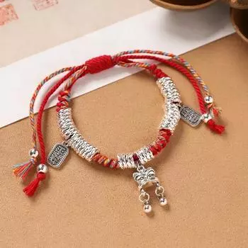 Tibetan handmade silver entanglement bracelet, natal woven red colored rope, broken silver bracelet, retro men s and women s hand rope.