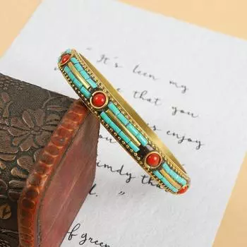 Tibetan Nepalese Bracelet Vintage Brass Inlaid Turquoise Xizang Handmade Bracelet Exotic Accessories for Men and Women