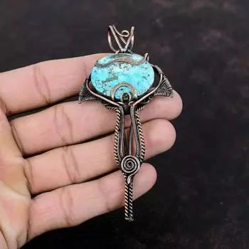 Tibetan Turquoise Copper Pendant Copper Wire Wrapped Pendant Handmade Gemstone Pendant Copper Jewelry Gift For Engagement Birthstone Pendant