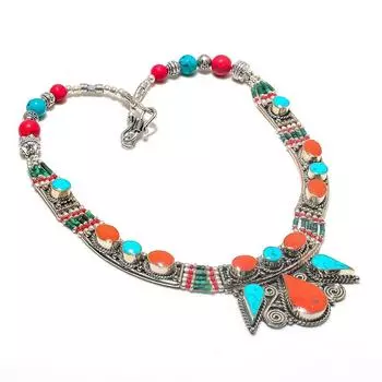 Tibetan Turquoise, Coral Gemstone 925 Sterling Silver Jewelry Necklace 18 q9j96