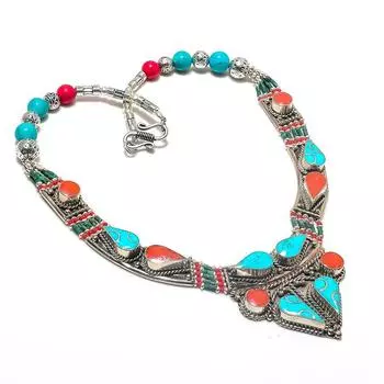 Tibetan Turquoise, Coral Gemstone 925 Sterling Silver Jewelry Necklace 18 D1o82