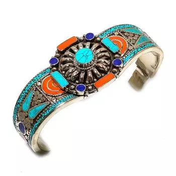 Tibetan Turquoise, Coral Gemstone Handmade Cuff Bangle Adjustable J8u35