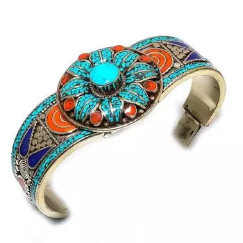 Tibetan Turquoise, Coral Gemstone Handmade Cuff Bangle Adjustable D1z26