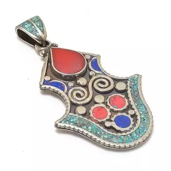 Tibetan Turquoise, Coral Handmade 925 Sterling Silver Jewelry Pendant 2.80 S6u88